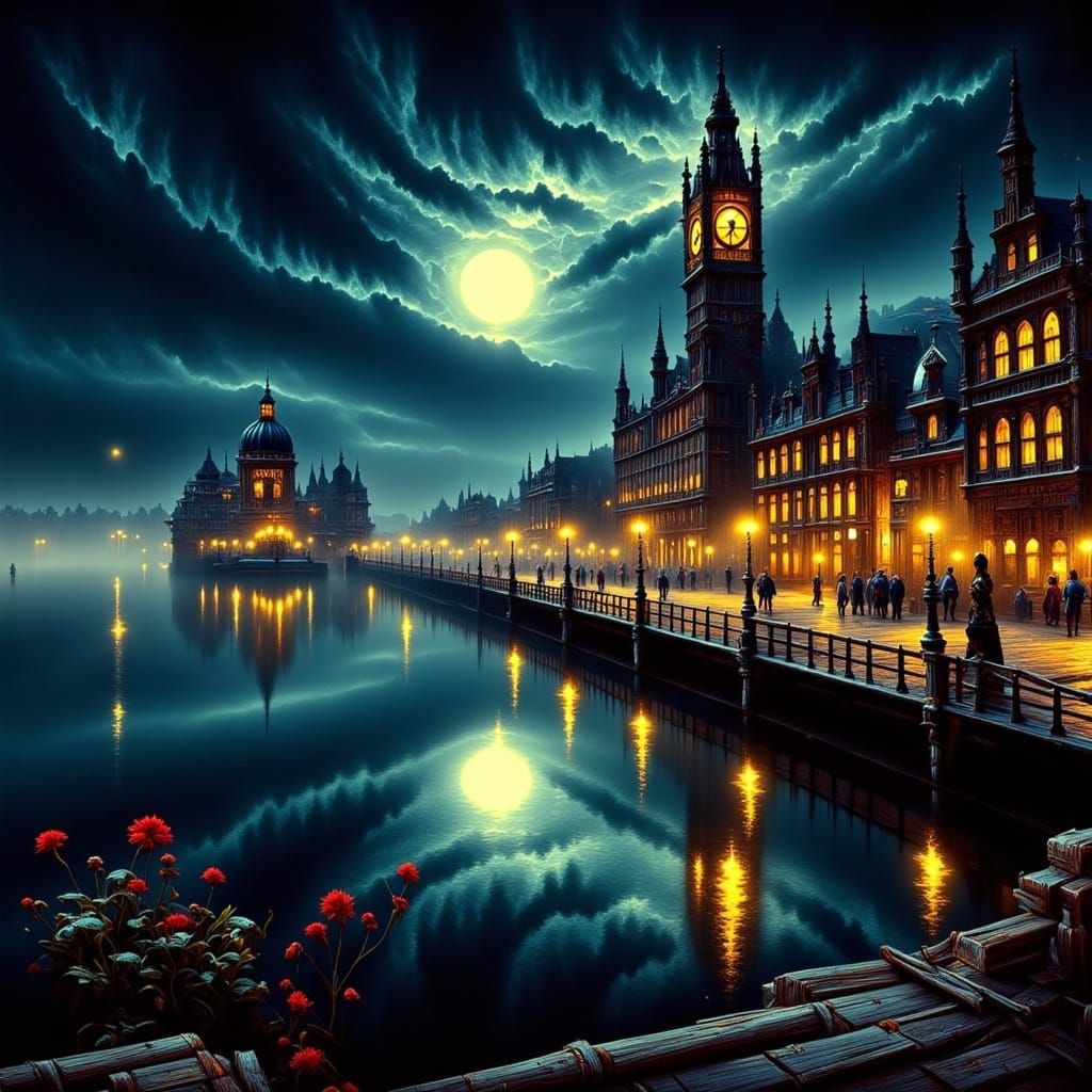 Victorian Harbor City at Night in Oil Painting Style