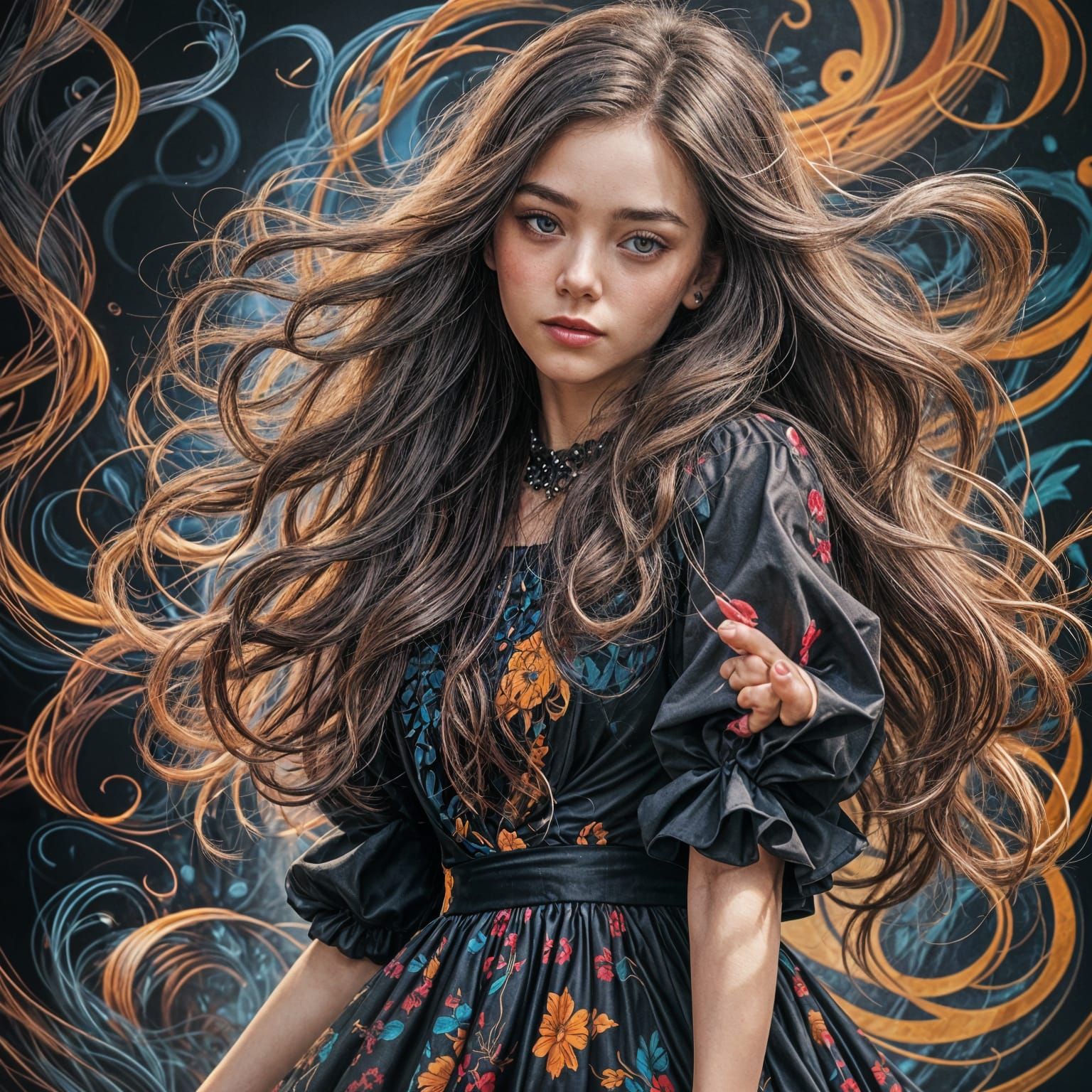 hair over one eye, dress, black shoes, puff sleeves, long hair, Meinamix style"