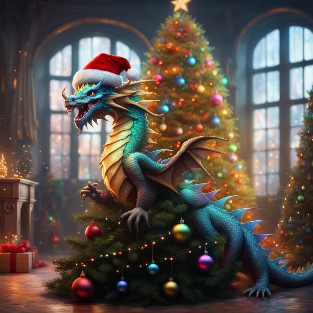 Magical Rainbow Dragon with Santa Hat: Fantasy Art