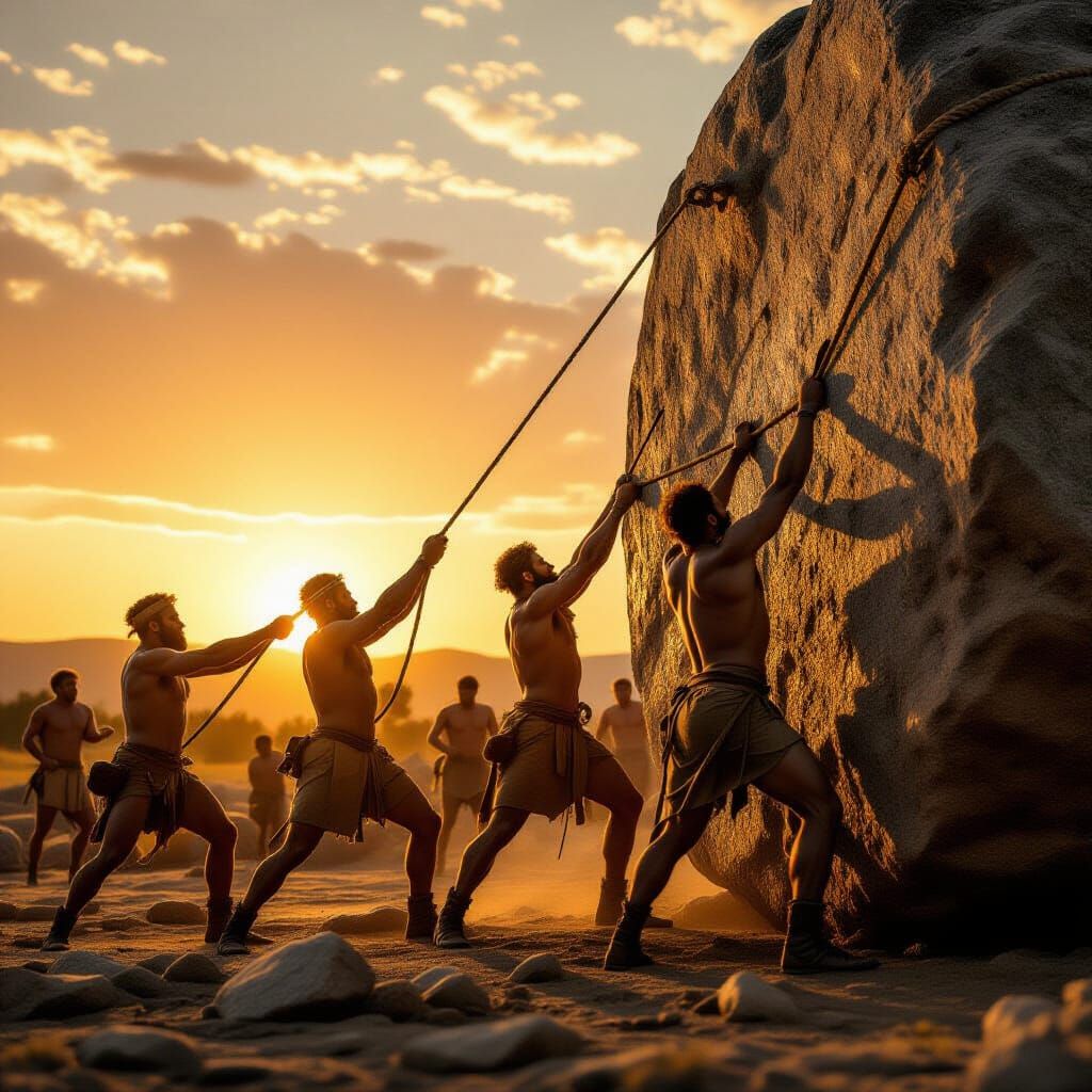 Ancient laborers strain against ropes hauling a sarsen stone...