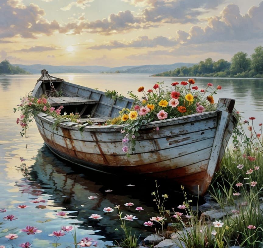 Waterhouse-Inspired Boat on Serene Lake