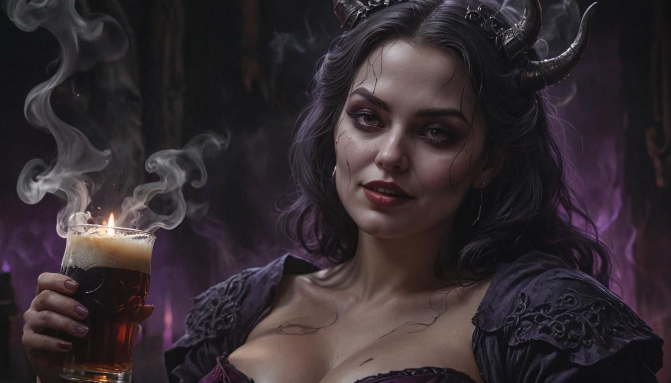 "Voluptuous evil woman (demons:1.2) smirking (vulgar:1.5) drinking Beer." 8k resolution CGSociety with underground comix...
