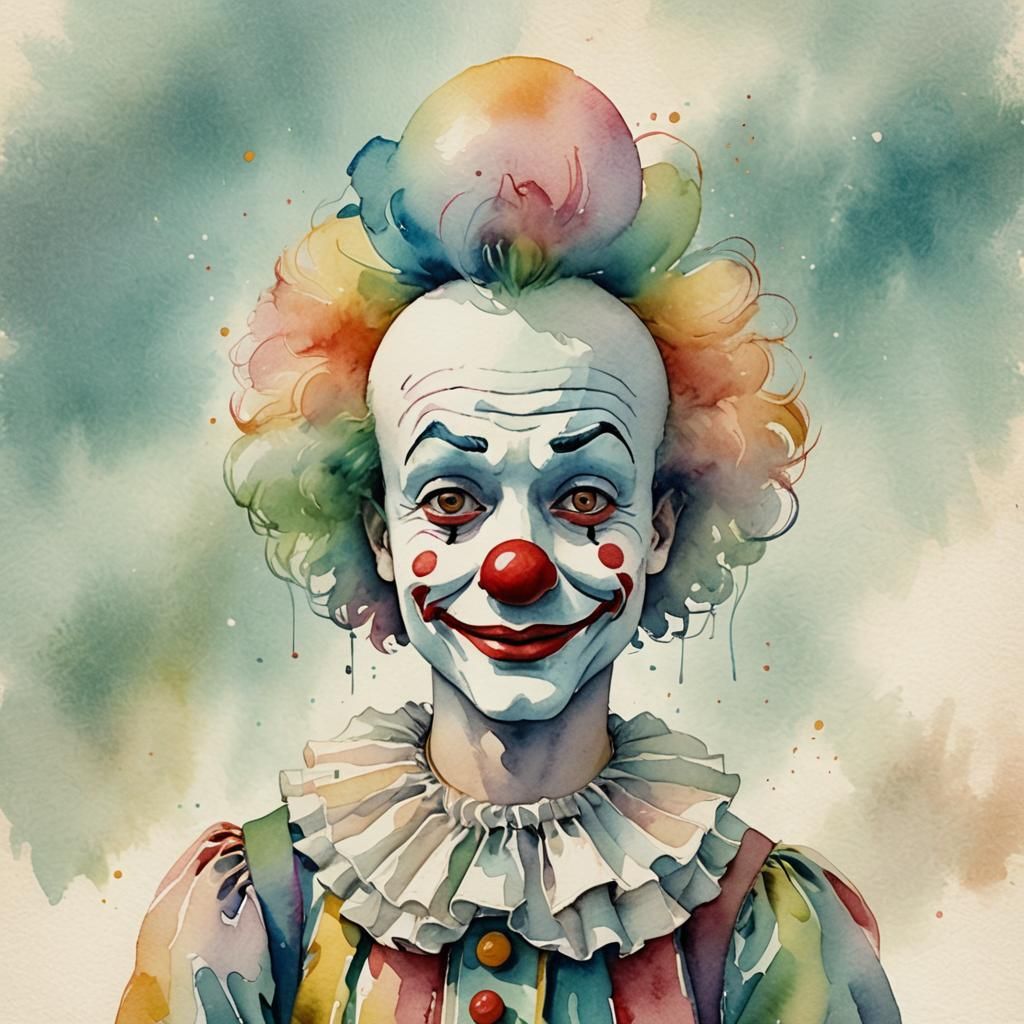 Whimsical Clown in Watercolor Style with Muted Tones