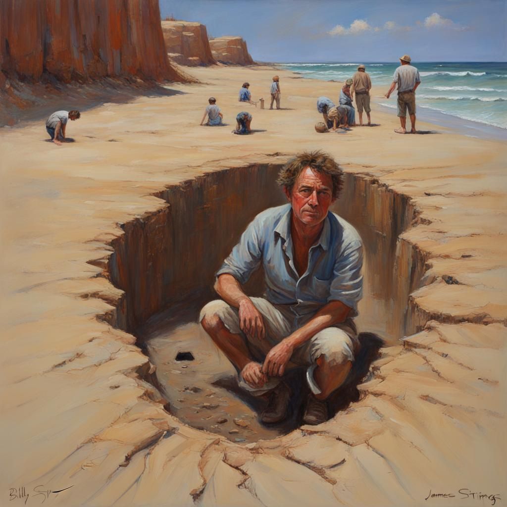 Symbolic Oil Painting of Buried Heads in Sand