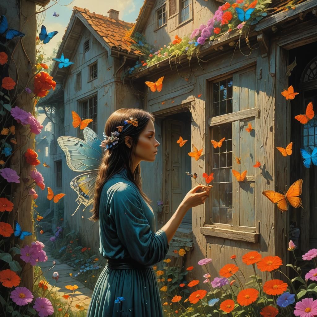 Girl Picking Butterflies in Flower House