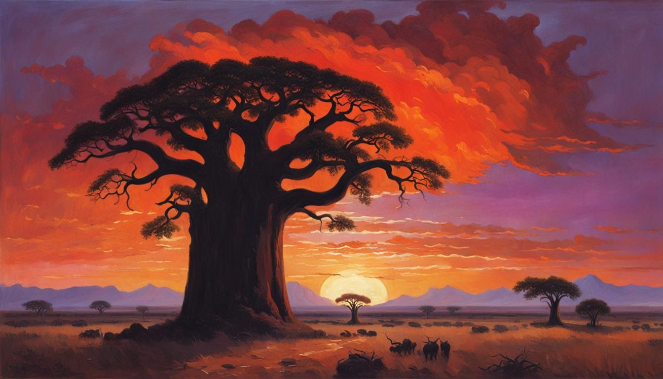 Baobab Tree Sunset: A Luminist-Style African Savannah