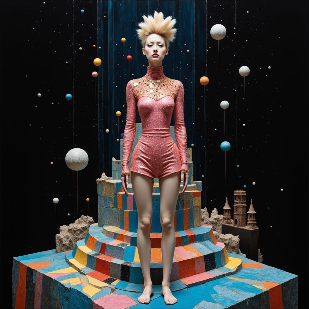 Elegant Woman Atop Tower in Art Deco Style