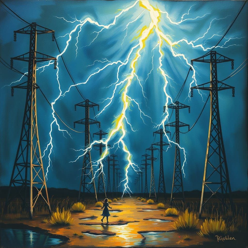 Lightning Fairy Dances Among Pylons: Gouache Painting