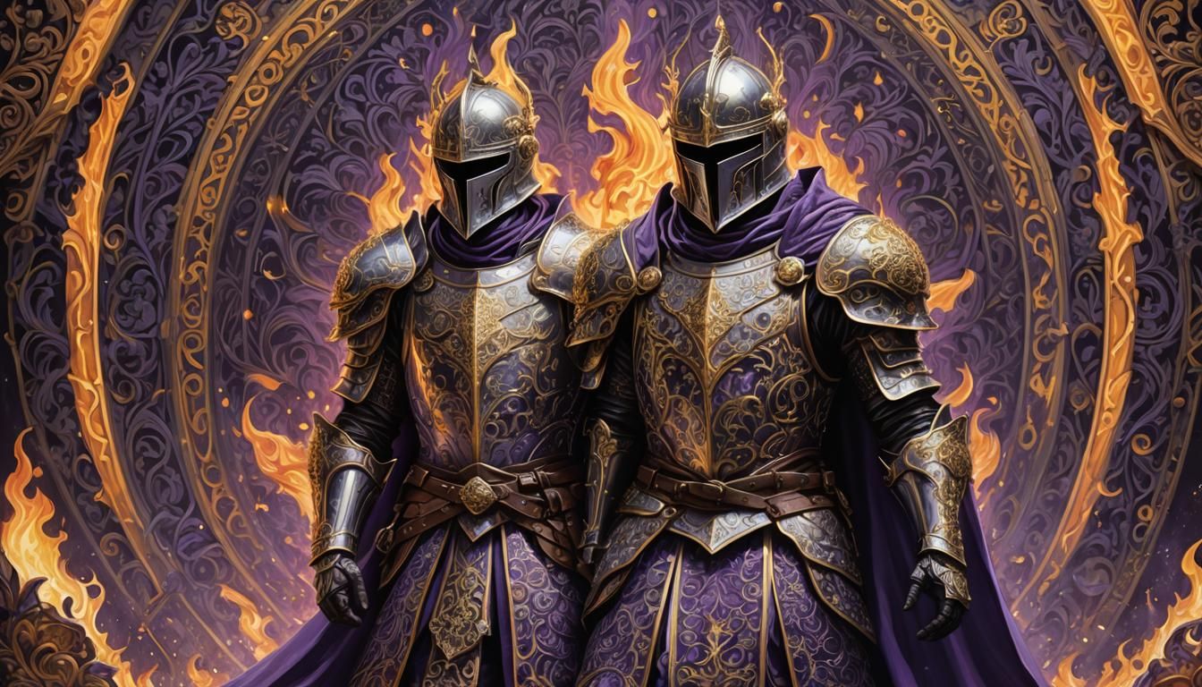 Regal Knight in Ornate Armor with Fiery Cape