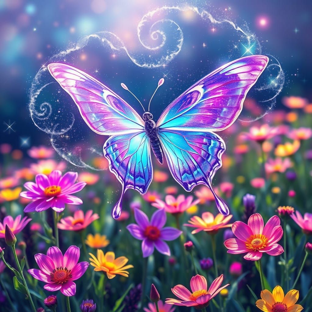Glittering Cosmic Butterfly in Vibrant Neon Meadow