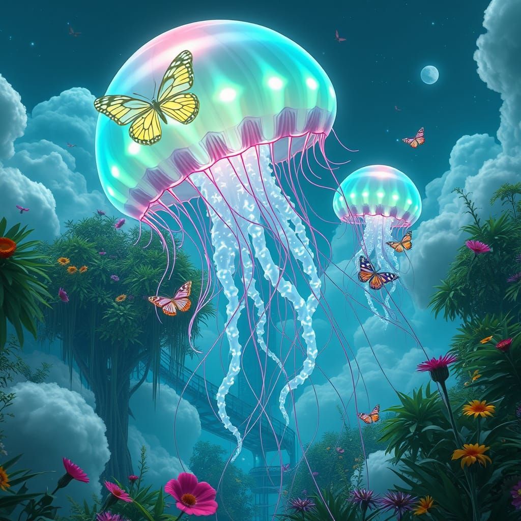 Bioluminescent Jellyfish in Futuristic Garden