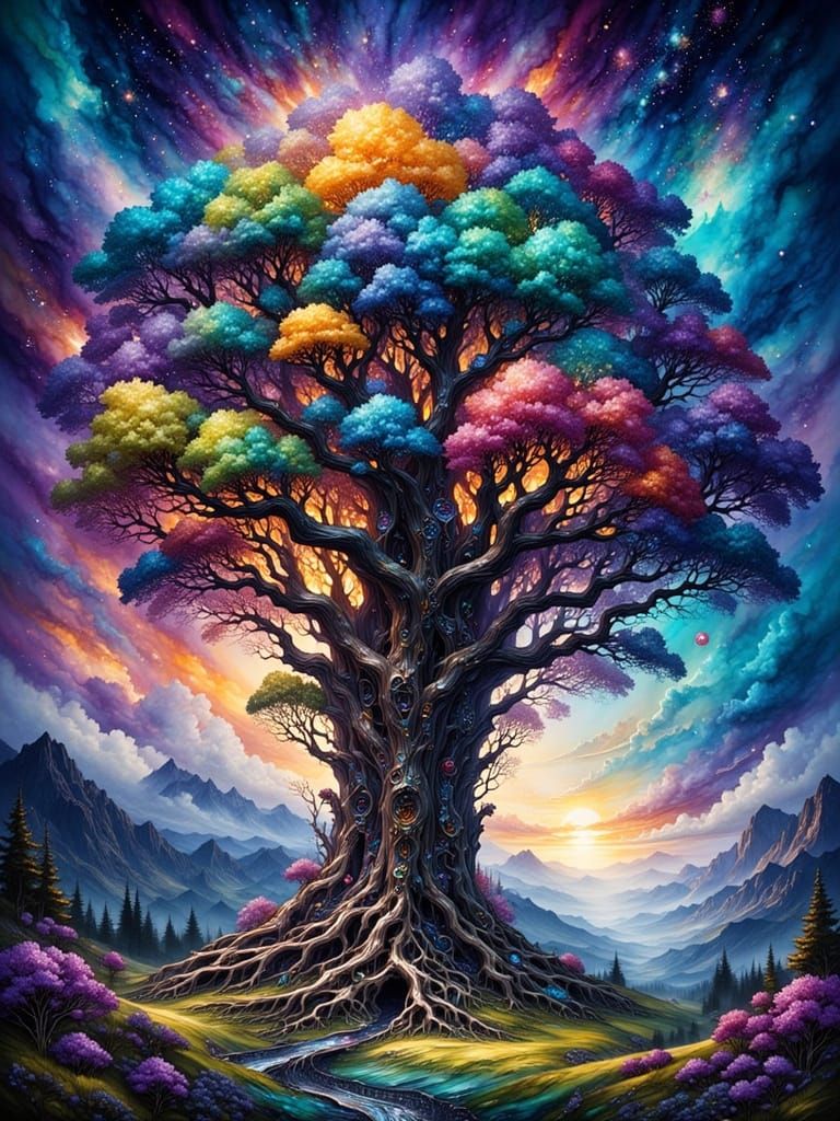 Ancient Bioluminescent Tree in Cosmic Garden