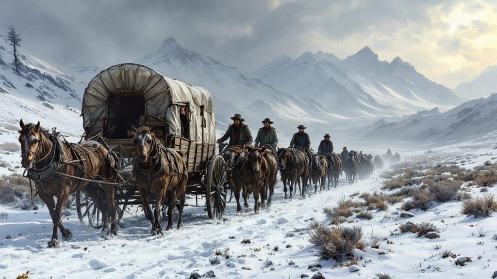 Pioneer Wagon Train Stranded in the Sierra Nevada Wilderness