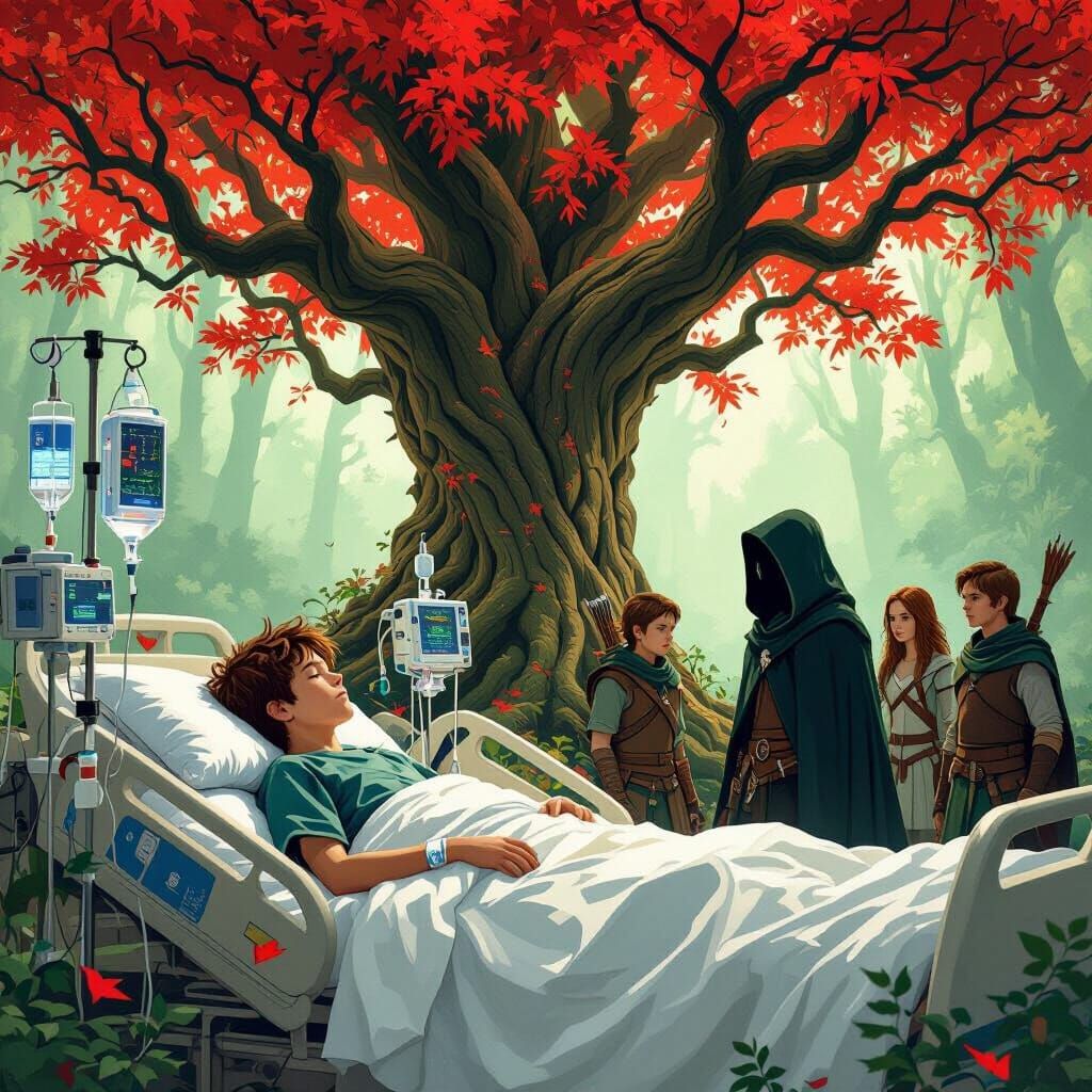 Surreal Fusion: Hospital Bed and Ancient Tree in Medieval Fa...