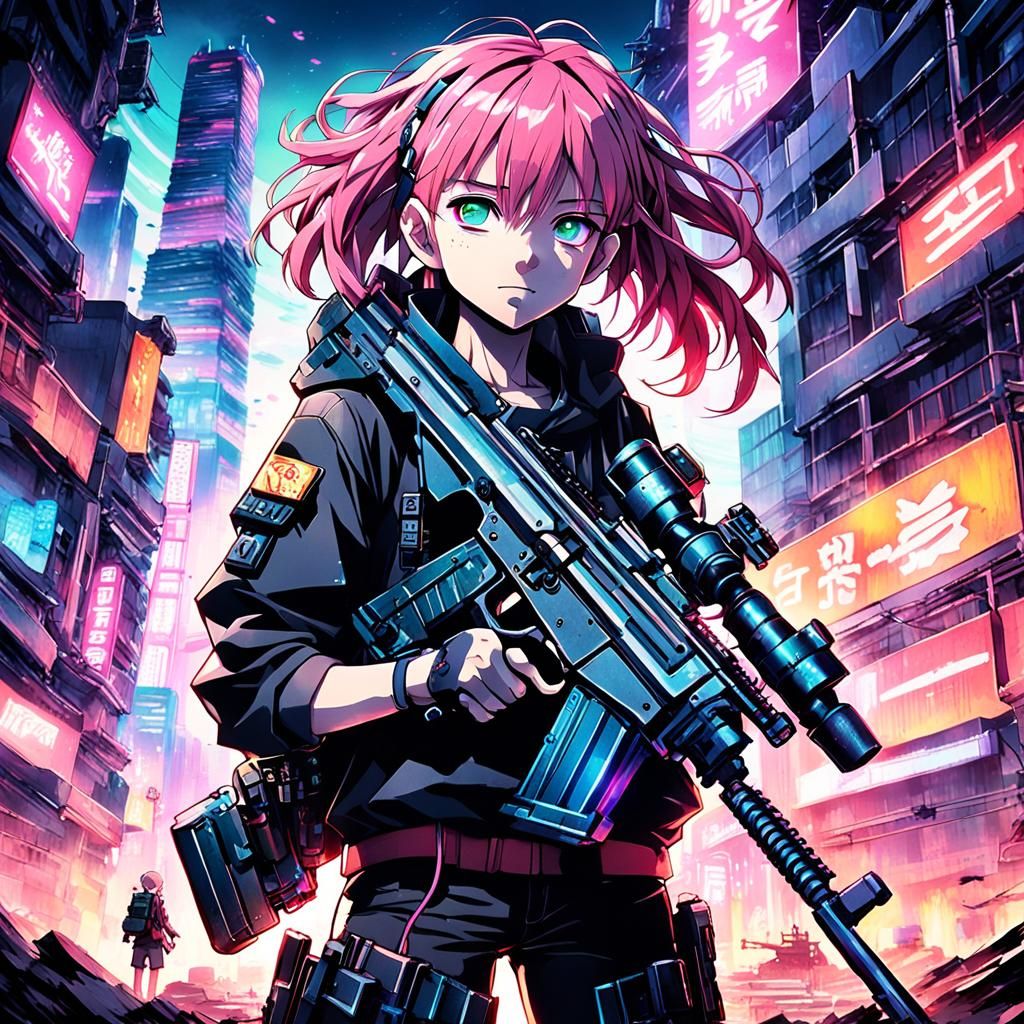 Anime Girl Meg in Urban Battlefield with Machine Gun