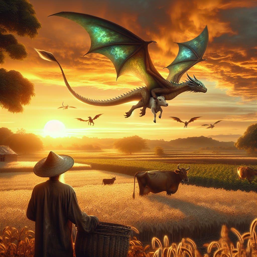 Dragon Sunset: Hyperrealistic Concept Art of Nature's Cycle