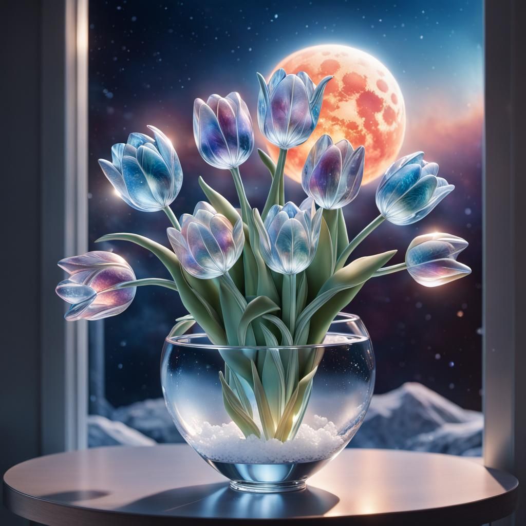 Glass Tulip Bouquet Floating in Space with Sunrise