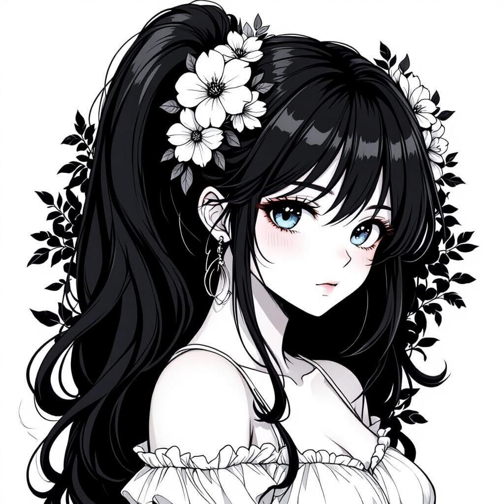 Anime Girl with Flowers: Intricate Line Art Portrait