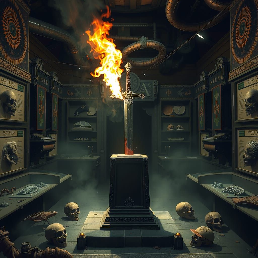 Flaming Sword in Museum Exhibit, Industrial Mystical Style