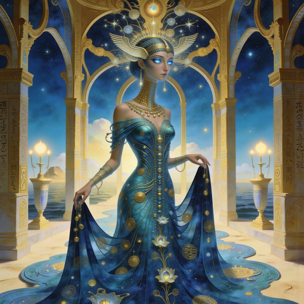 Alien Queen in Gold Headdress Amidst Galactic Palace