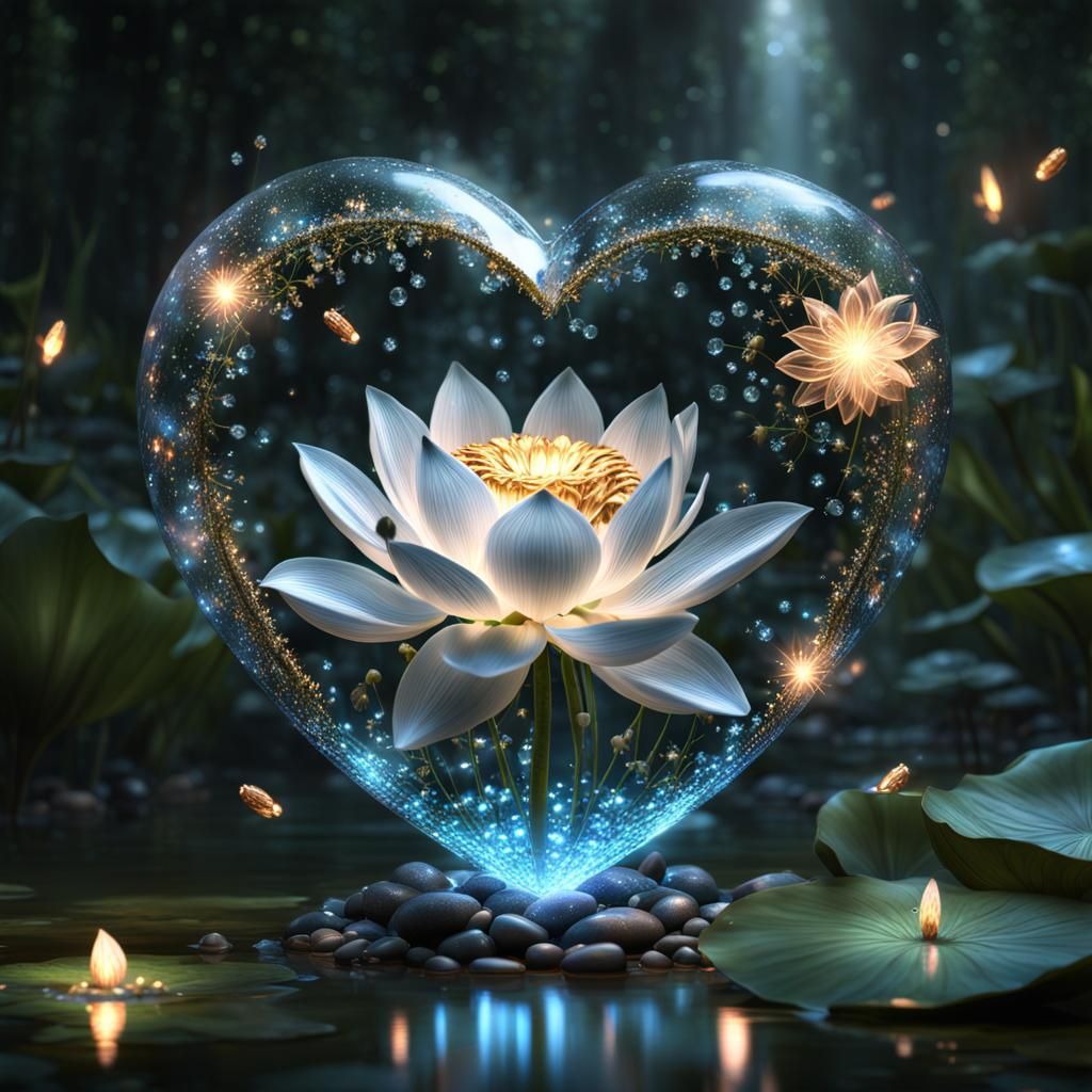Crystalline Heart with Fairy Lotus Flower