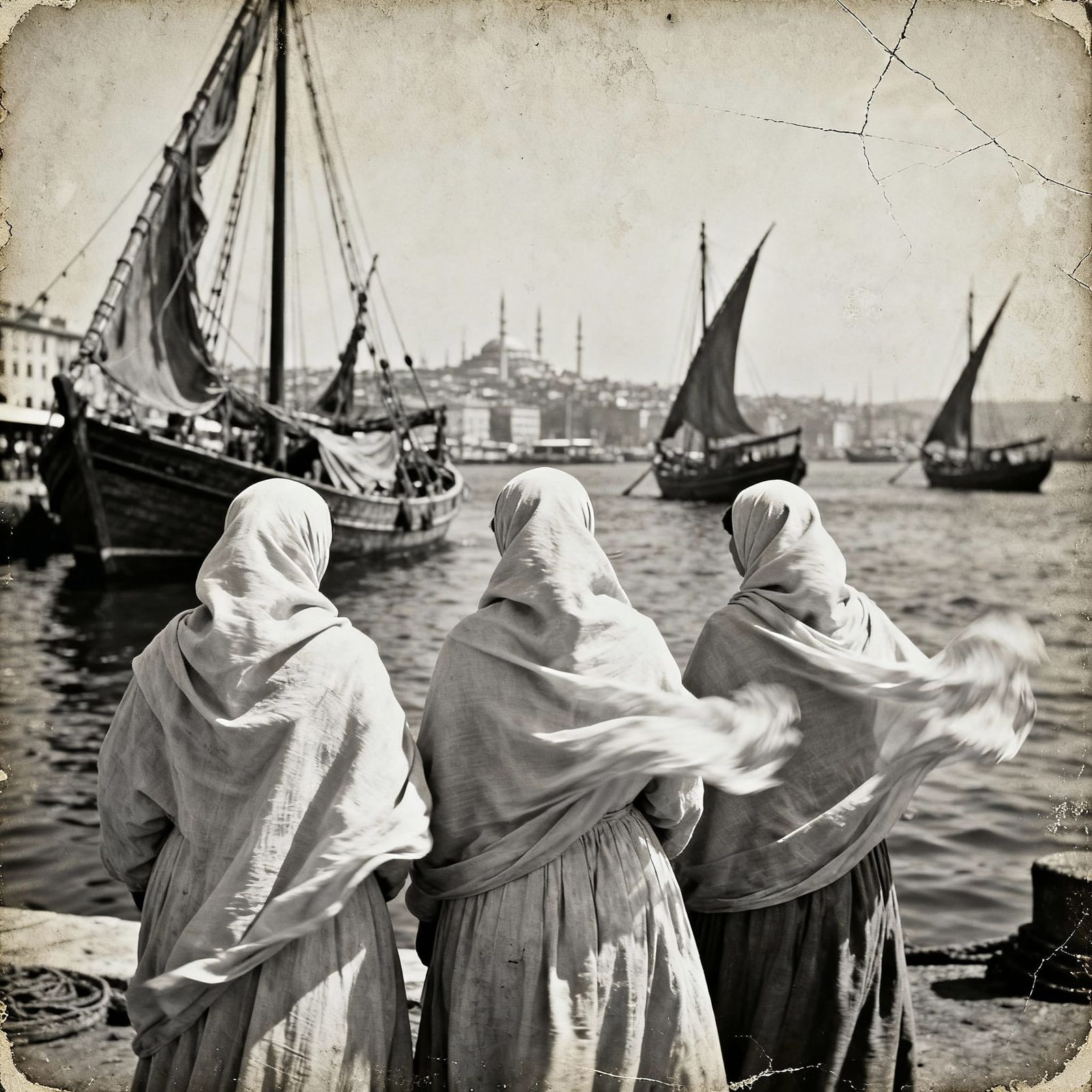 1890s Istanbul Harbour: Fishing Boats and Women in Wind