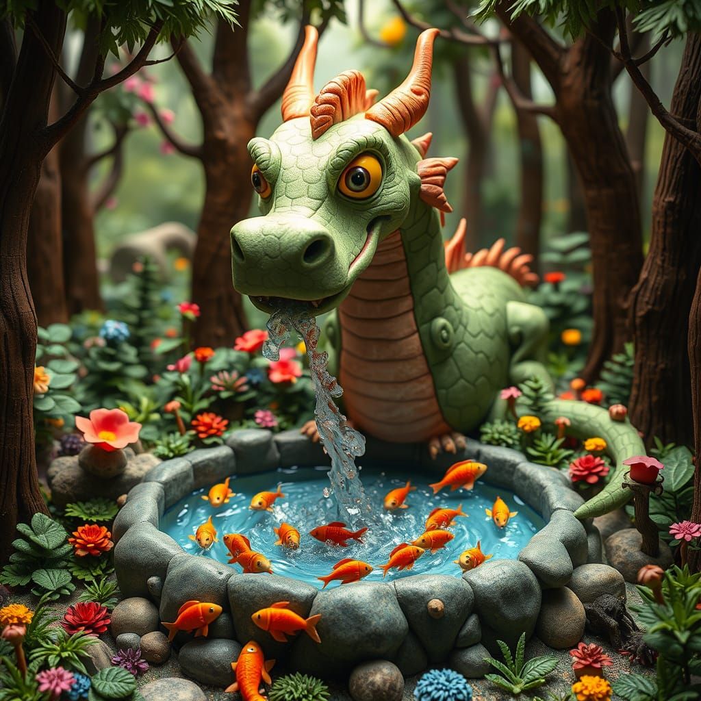 Claymation Dragon Fountain in Magical Forest