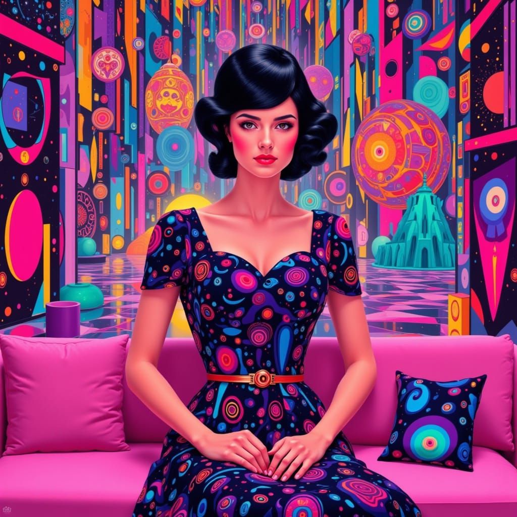 Surreal Woman in Mod Dress with Escher Background