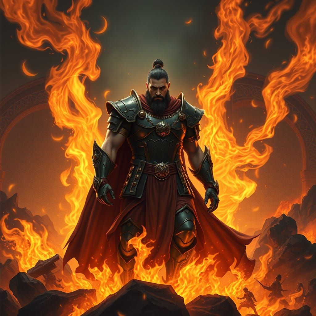Triumphant Warrior Emerges from Inferno in Ancient Persian S...