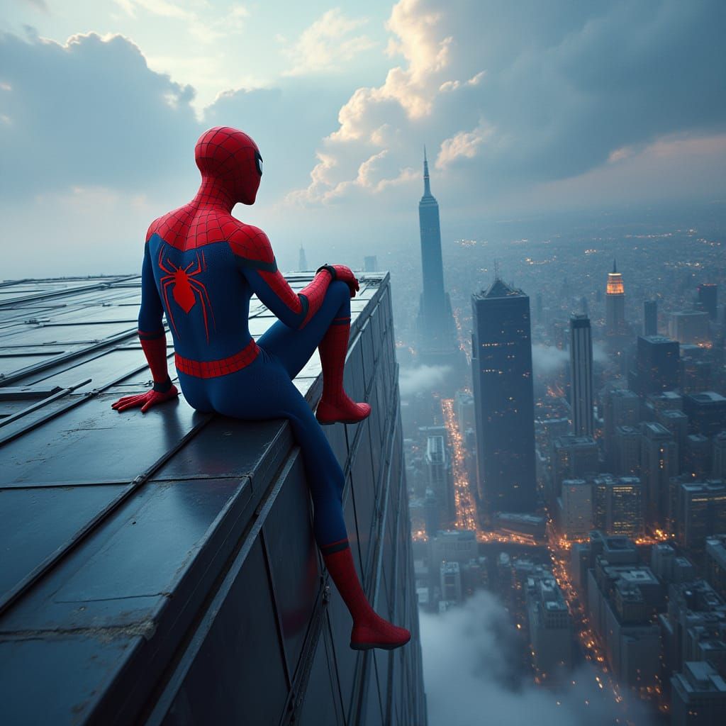Spiderman in Heroic Pose on Modern Skyscraper