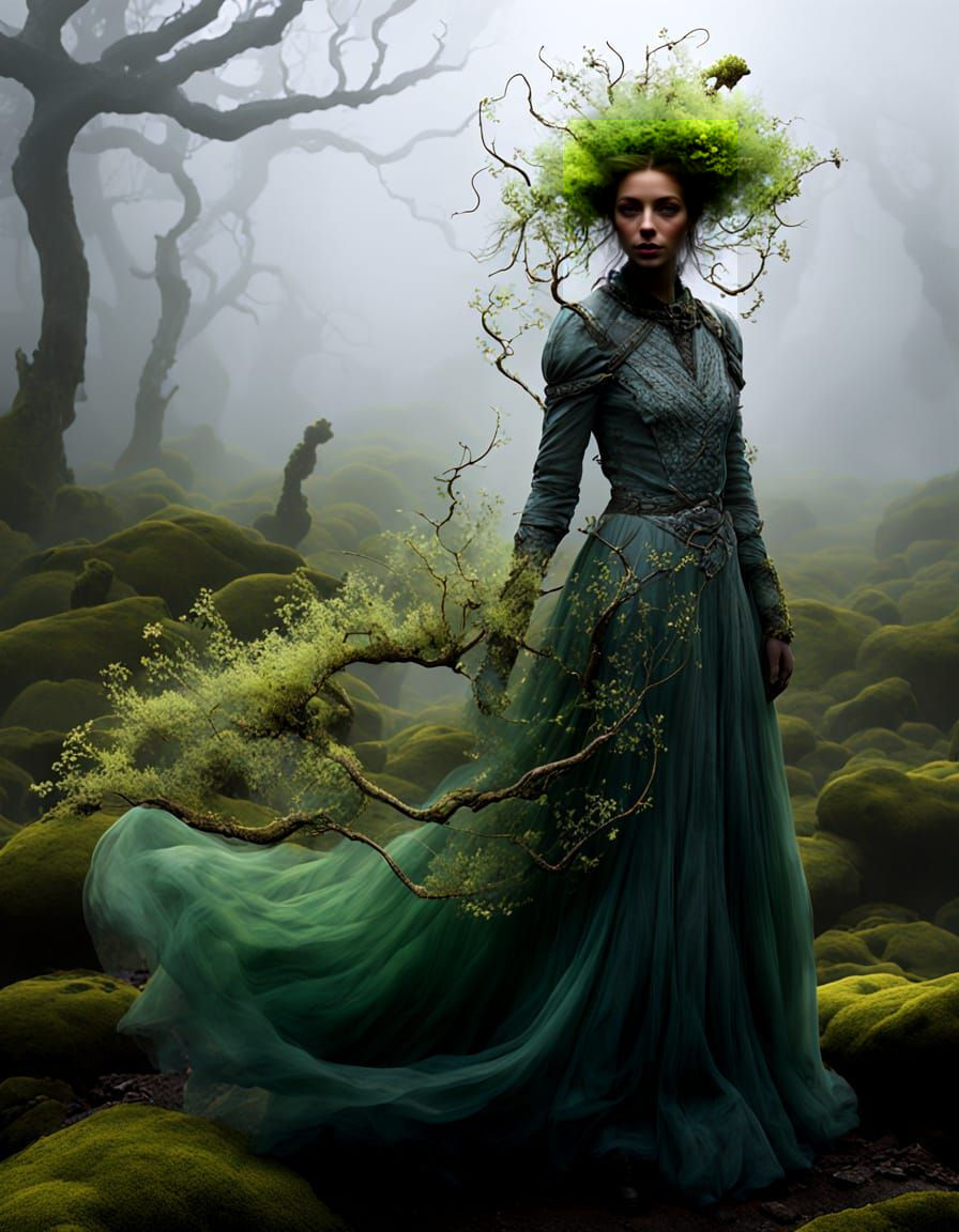 Celtic Floral Witch in Irish Bog Landscape