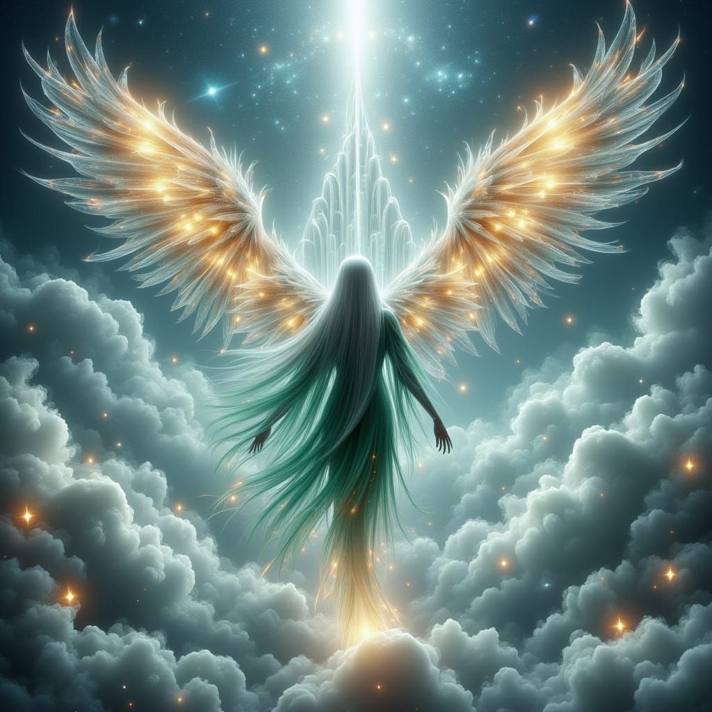 Elven Princess Rides Phoenix Through Luminous Clouds