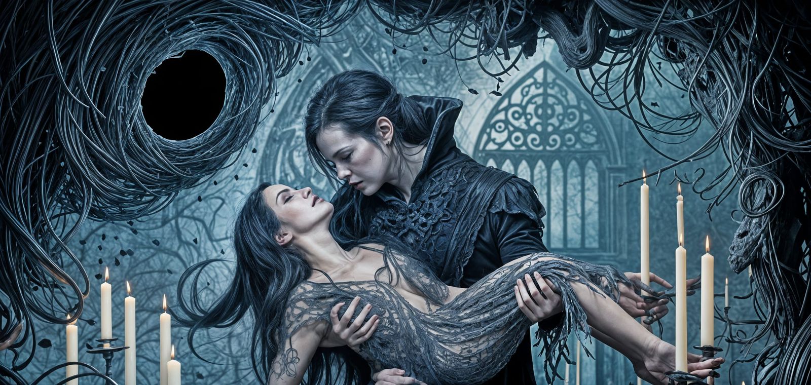Gothic Vampire Couple in a Consumed Landscape