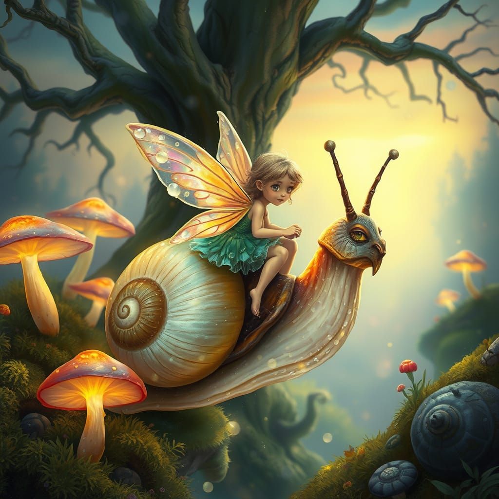 Fairy Rides Luminous Snail in Enchanted Forest