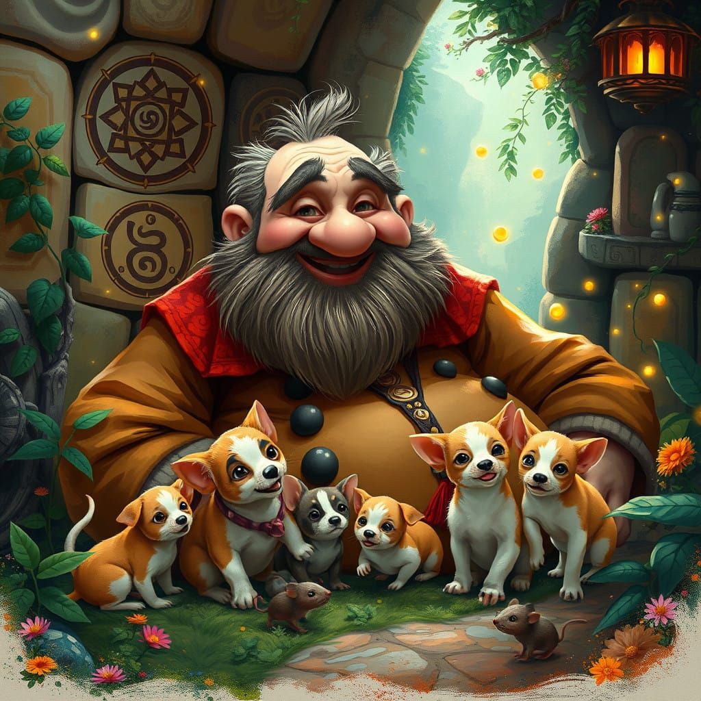 Whimsical Gentleman Surrounded by Playful Creatures in a Fan...