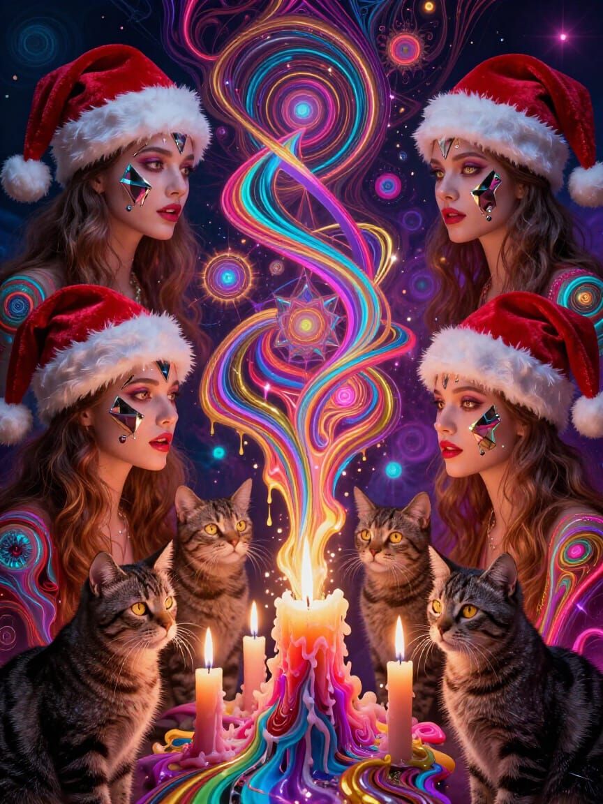 Psychedelic Christmas Hallucination with Women, Cats, and Ca...
