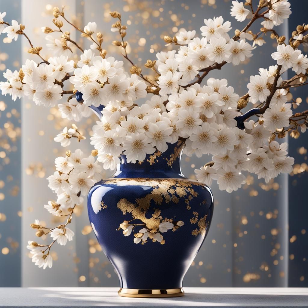 Luxury Gold and Blue Porcelain Vase with Sakura