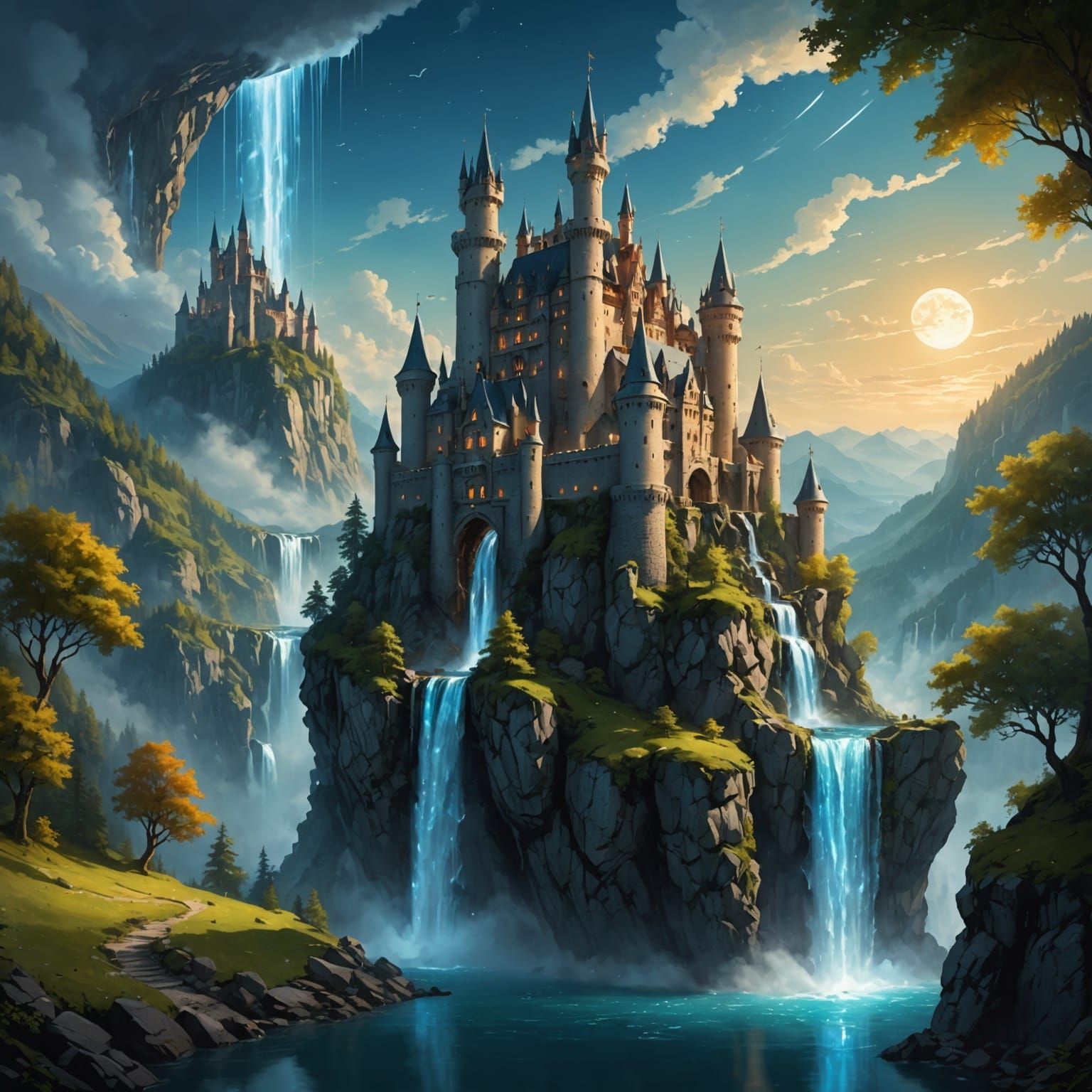 Floating Castle Connected by Magical Waterfall