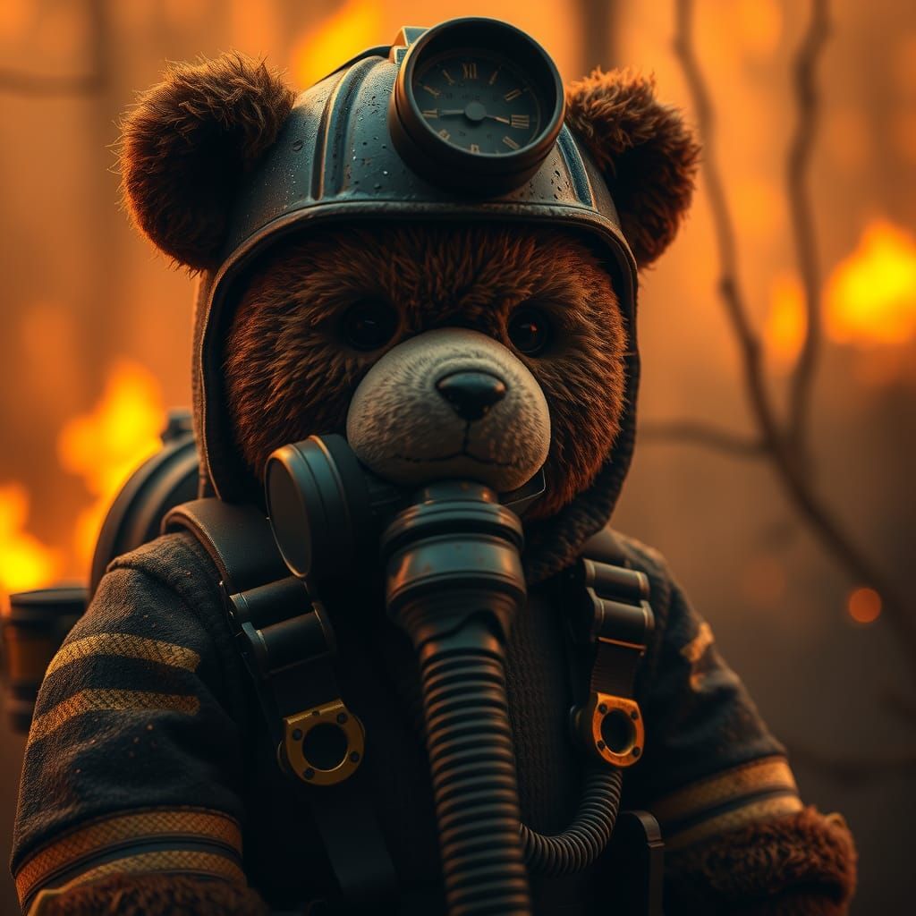 Teddy Bear Firefighter in Burning Forest, Hyper-Realistic