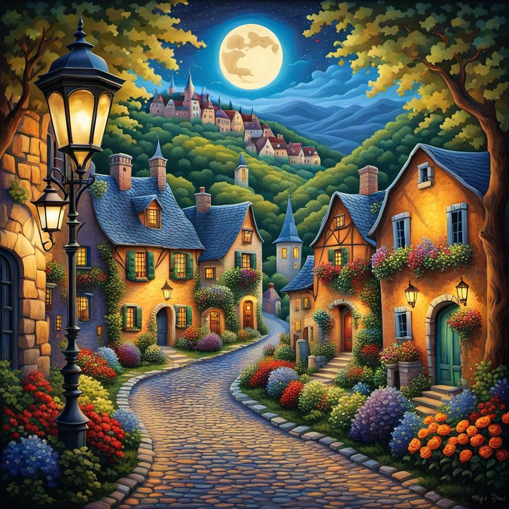 Enchanted French Village in Folk Art Style