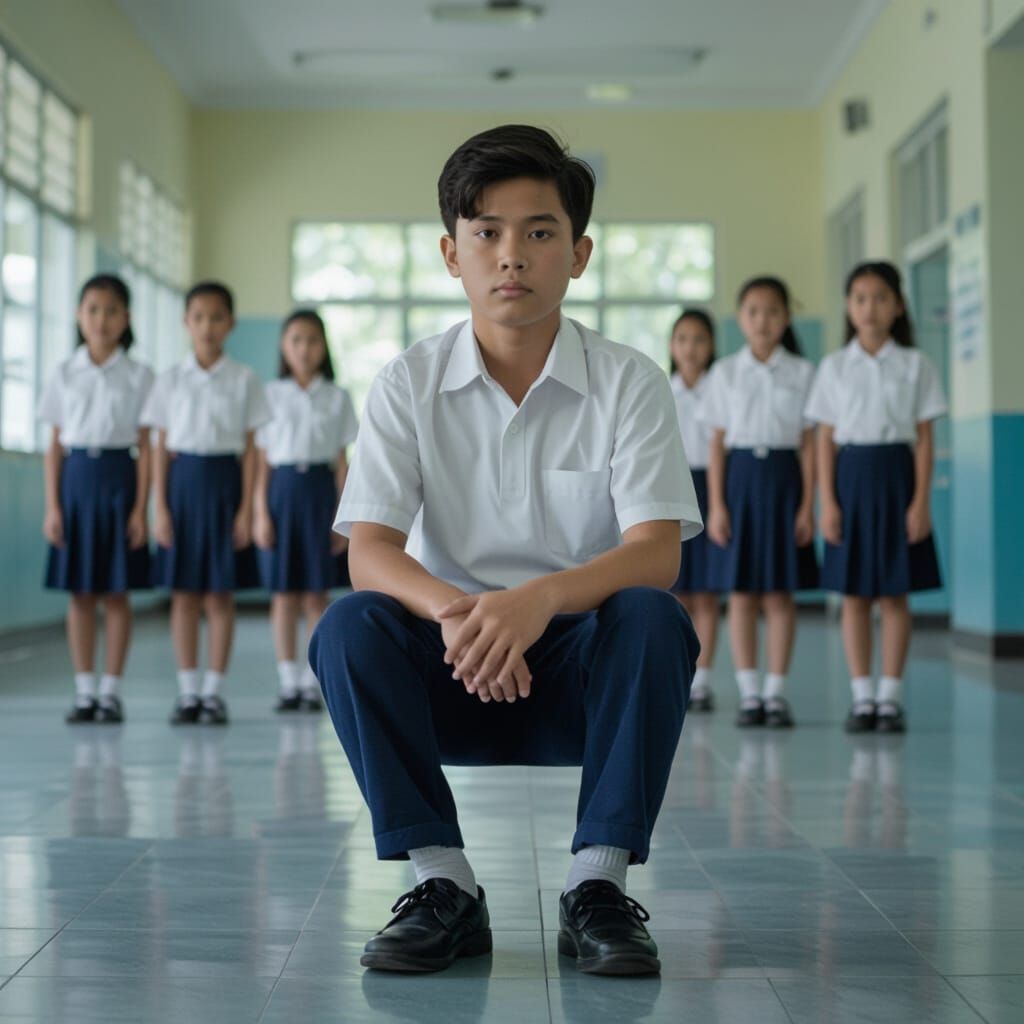 Sad Schoolboy in Blue Pants and White Shirt, Lost in Thought