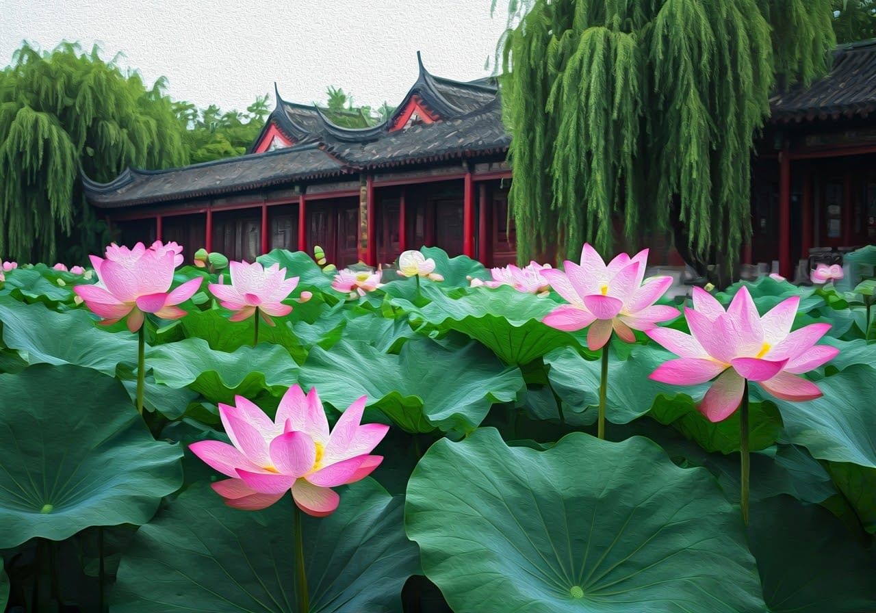 Vibrant Lotus Blooms in Serene Jiangnan Landscape, in Chines...