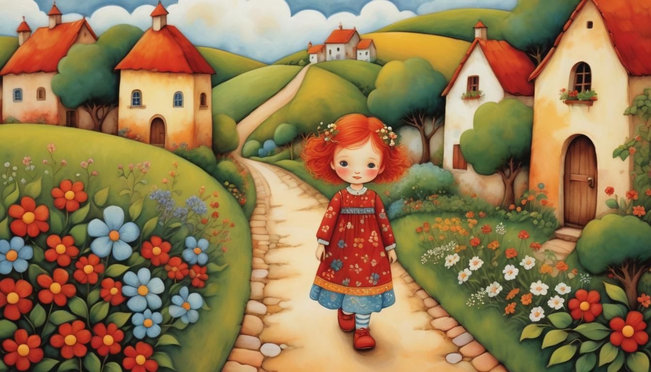 Whimsical Folk Art: Baby Girl in Village Scene
