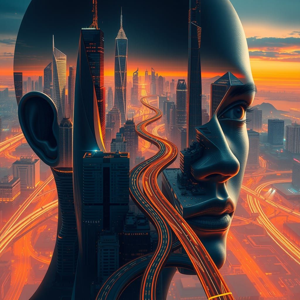 Futuristic Cityscape Integrated Into Human Face