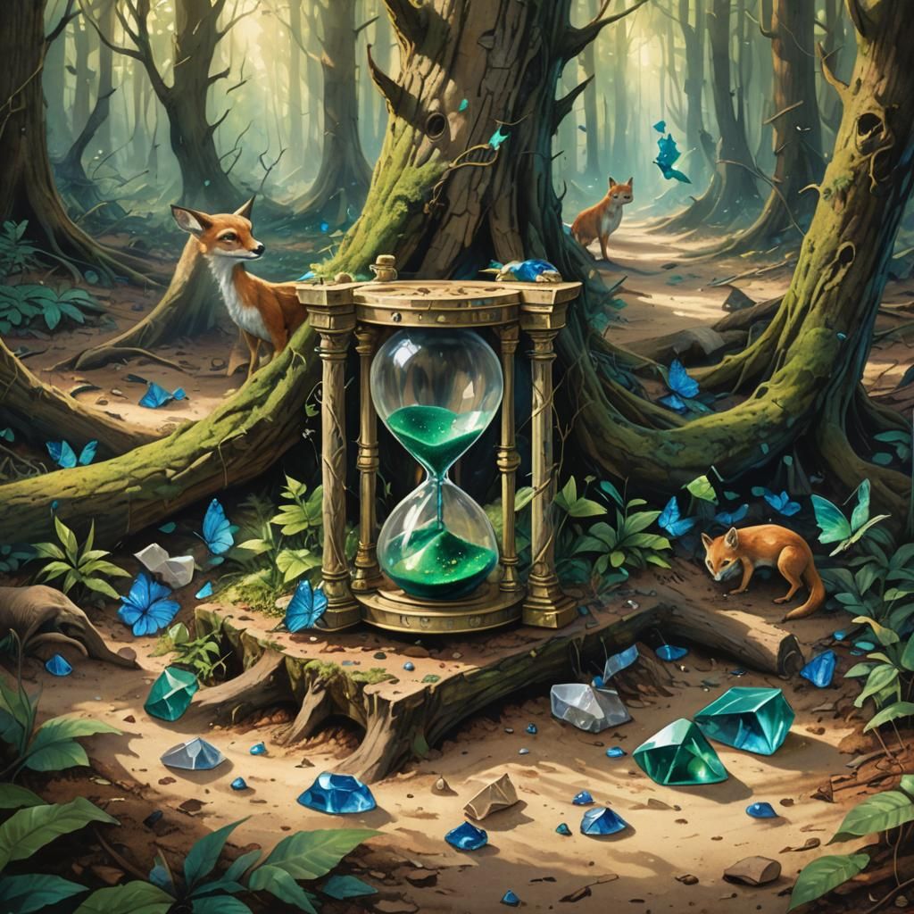 Fantasy Forest Animals Observe Broken Hourglass