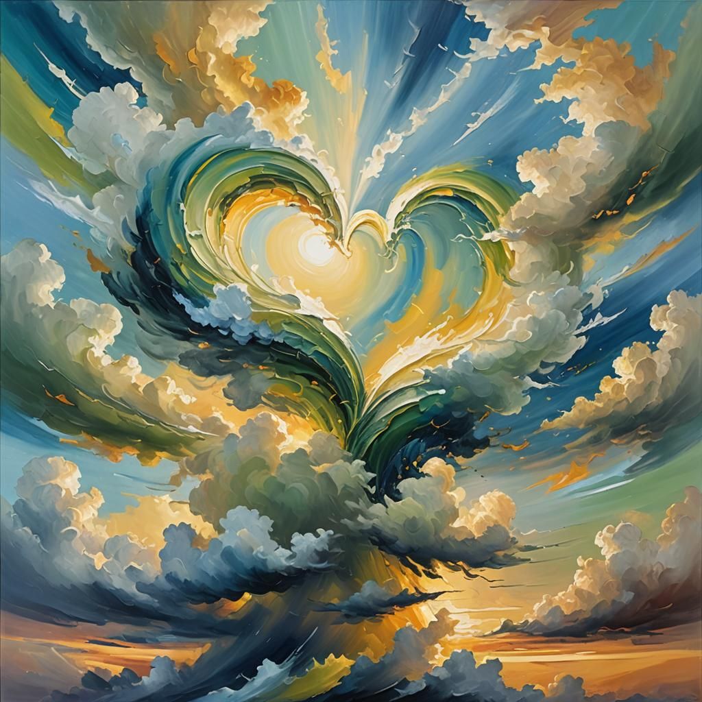Gale Creates Heart in Swirling Clouds as Oil Painting