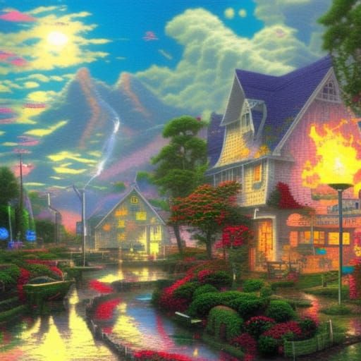 Exploding Thermometer in Solarpunk Kinkade Dreamscape
