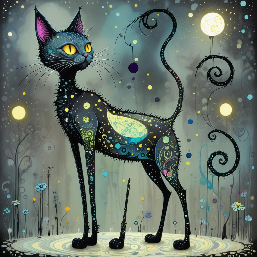 Whimsical Cat in Pointillist Fantasy Art