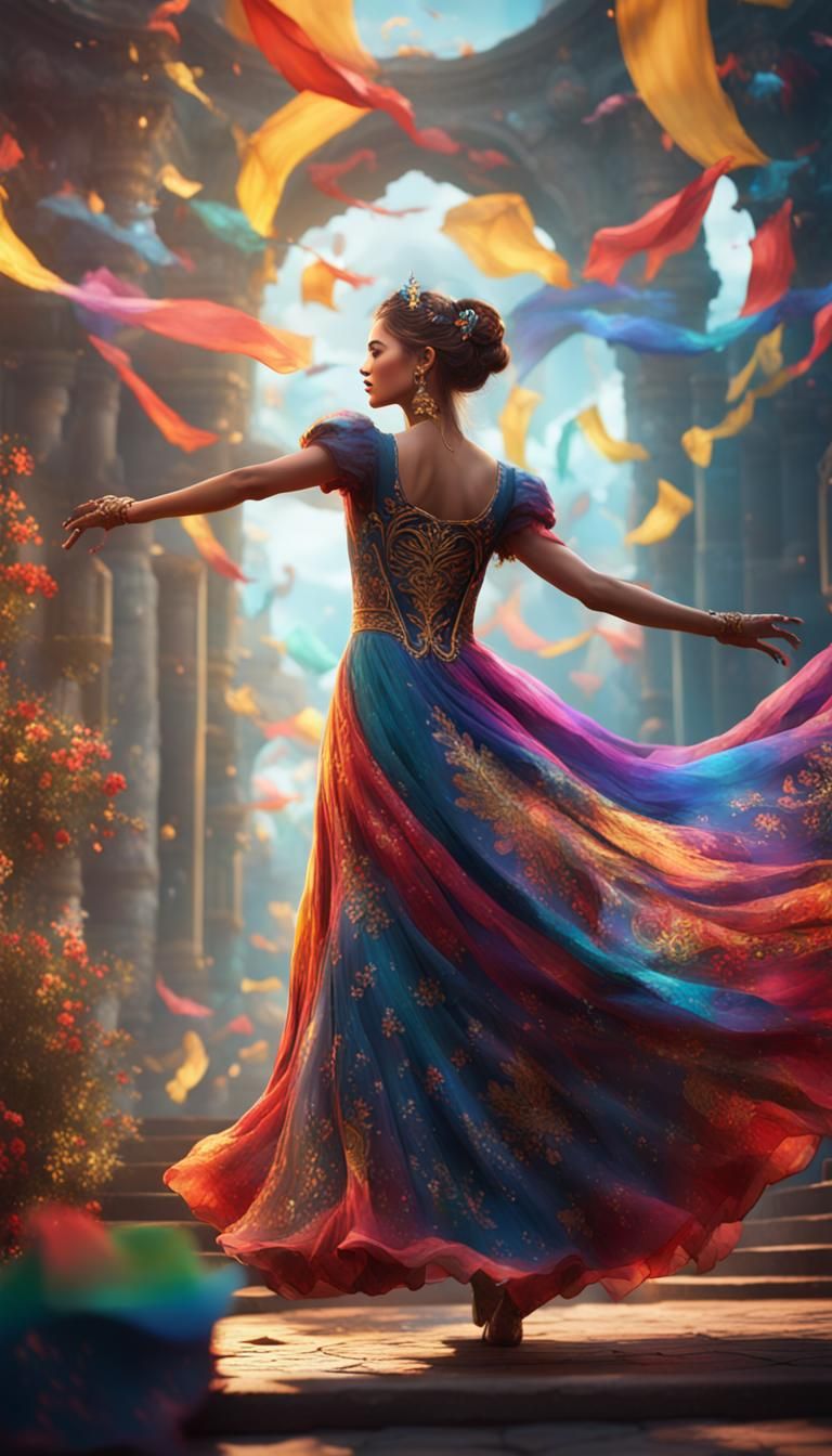 Woman Dancing in Colorful Dress: Fantasy Concept Art