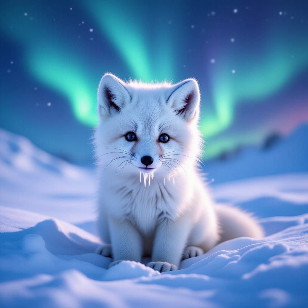 Arctic Fox Cub in Aurora Borealis Snowdrift
